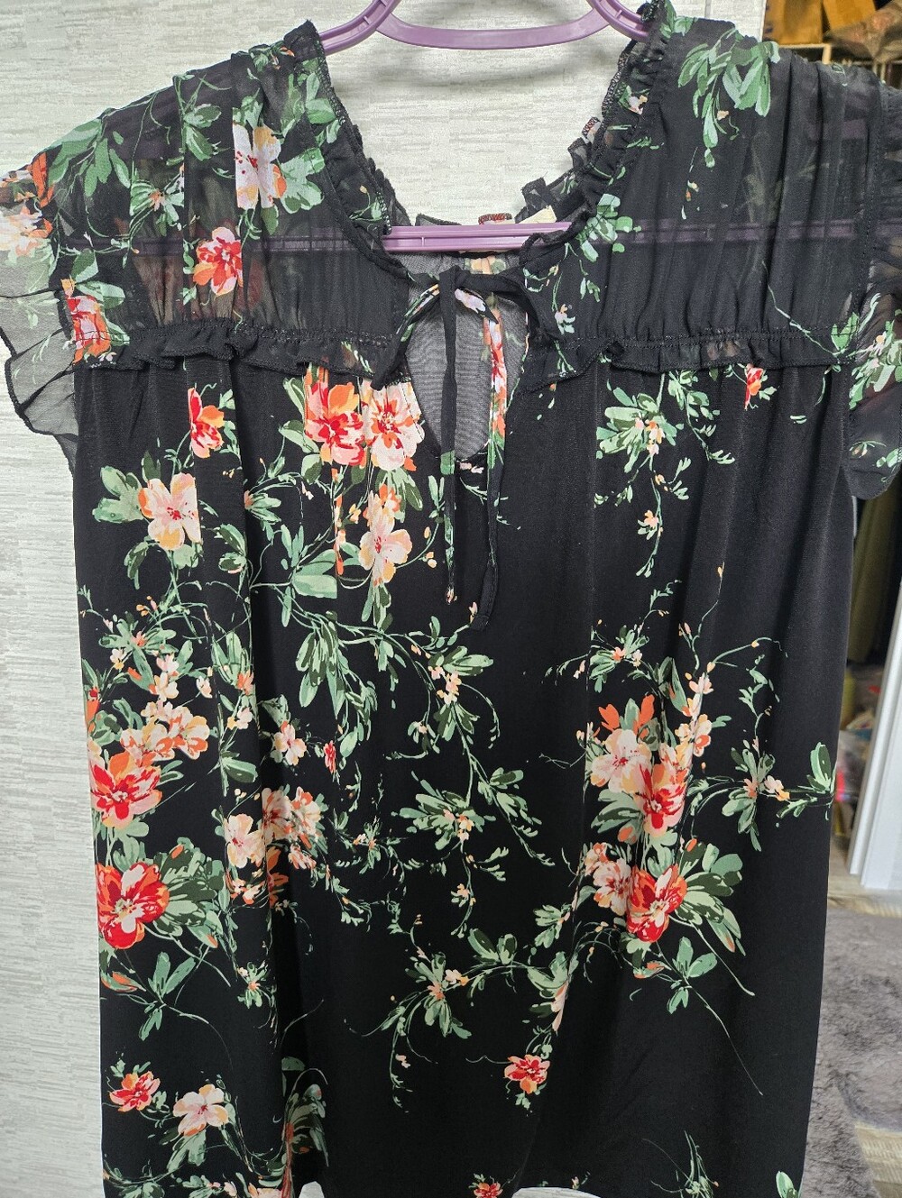 Cato Black Floral Tie-Neck Blouse with Green Leaves